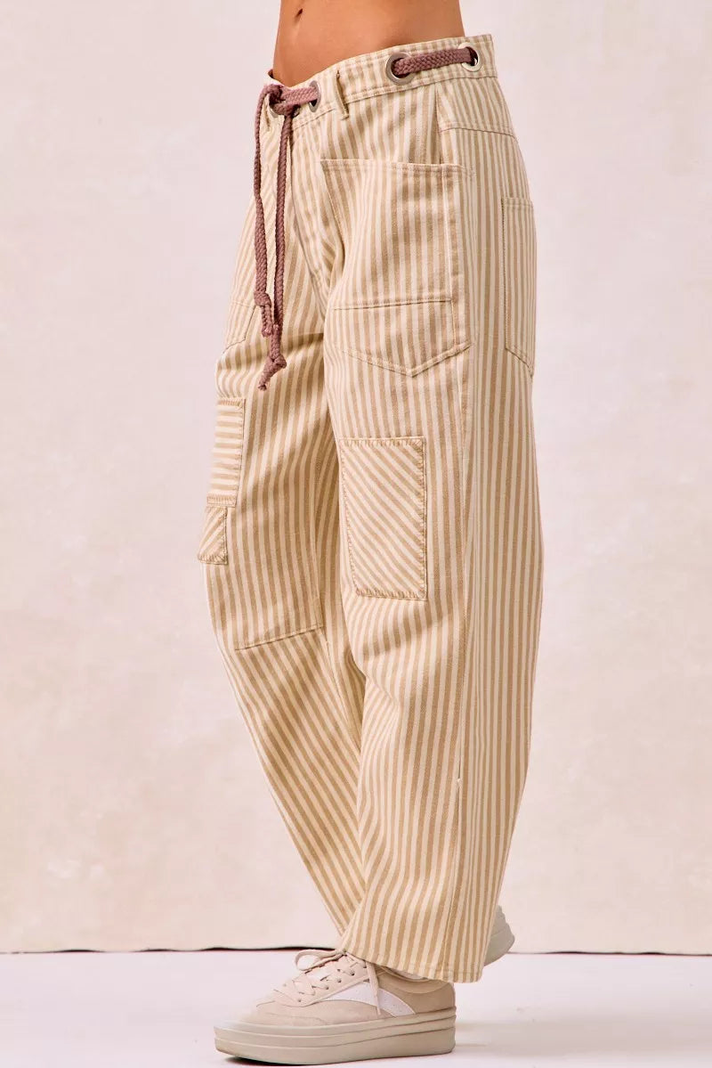 BiBi Drawstring Striped Twill Barrel Pants - Trendsi | Lola Mariee