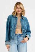RISEN Oversized Cargo Pocket Denim Jacket with Cuffed Sleeves - women's bottoms at Lola Mariee boutique