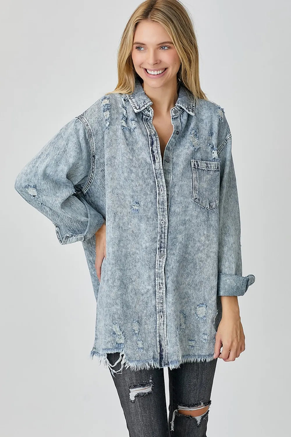 RISEN Distressed Raw Hem Denim Shirt - LOLA MARIEE | Lola Mariee