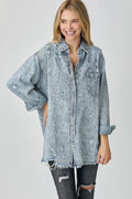 RISEN Distressed Raw Hem Denim Shirt - LOLA MARIEE | Lola Mariee
