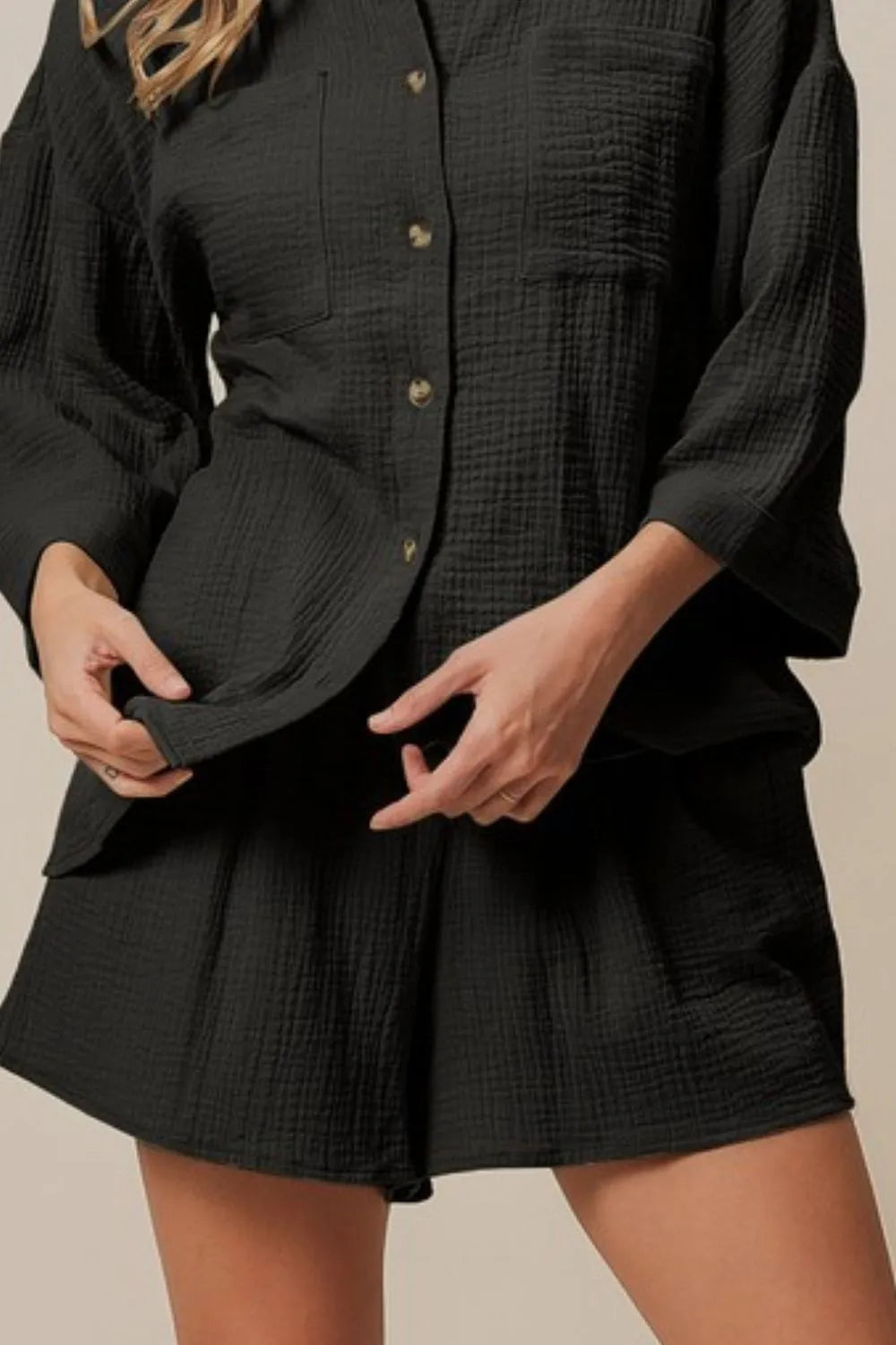 BiBi Crinkle Gauze Shirt and Short Set - Trendsi | Lola Mariee