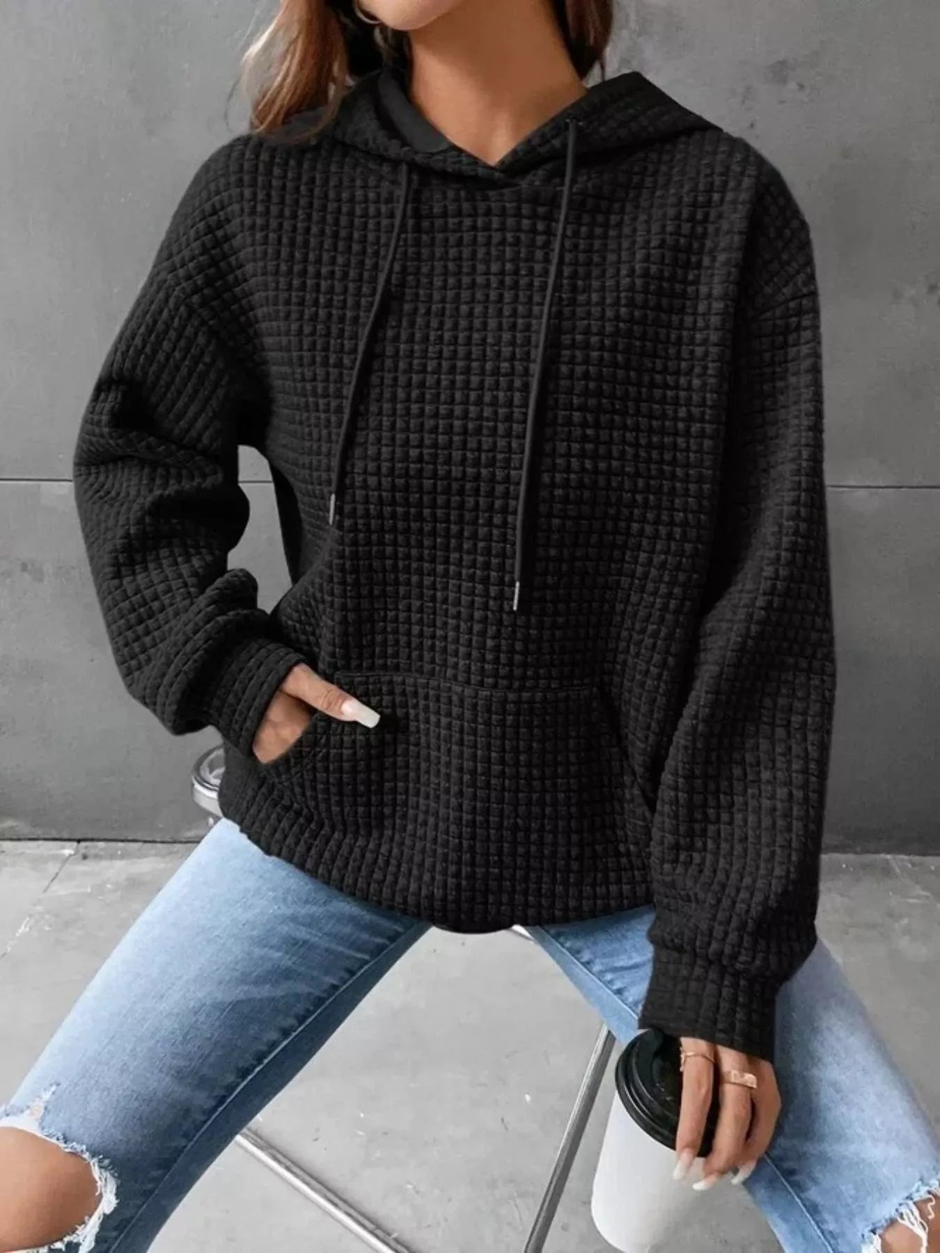 Full Size Textured Kangaroo Pocket Hoodie Plus Size – view 4 | Lola Mariee
