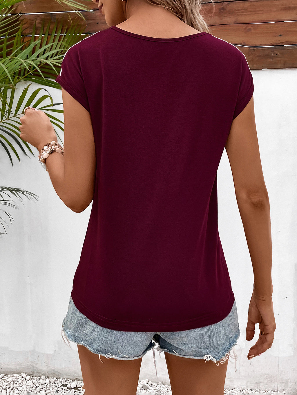 Ivy Lane Spliced Lace V-Neck Twisted Hem Tee - Trendsi | Lola Mariee