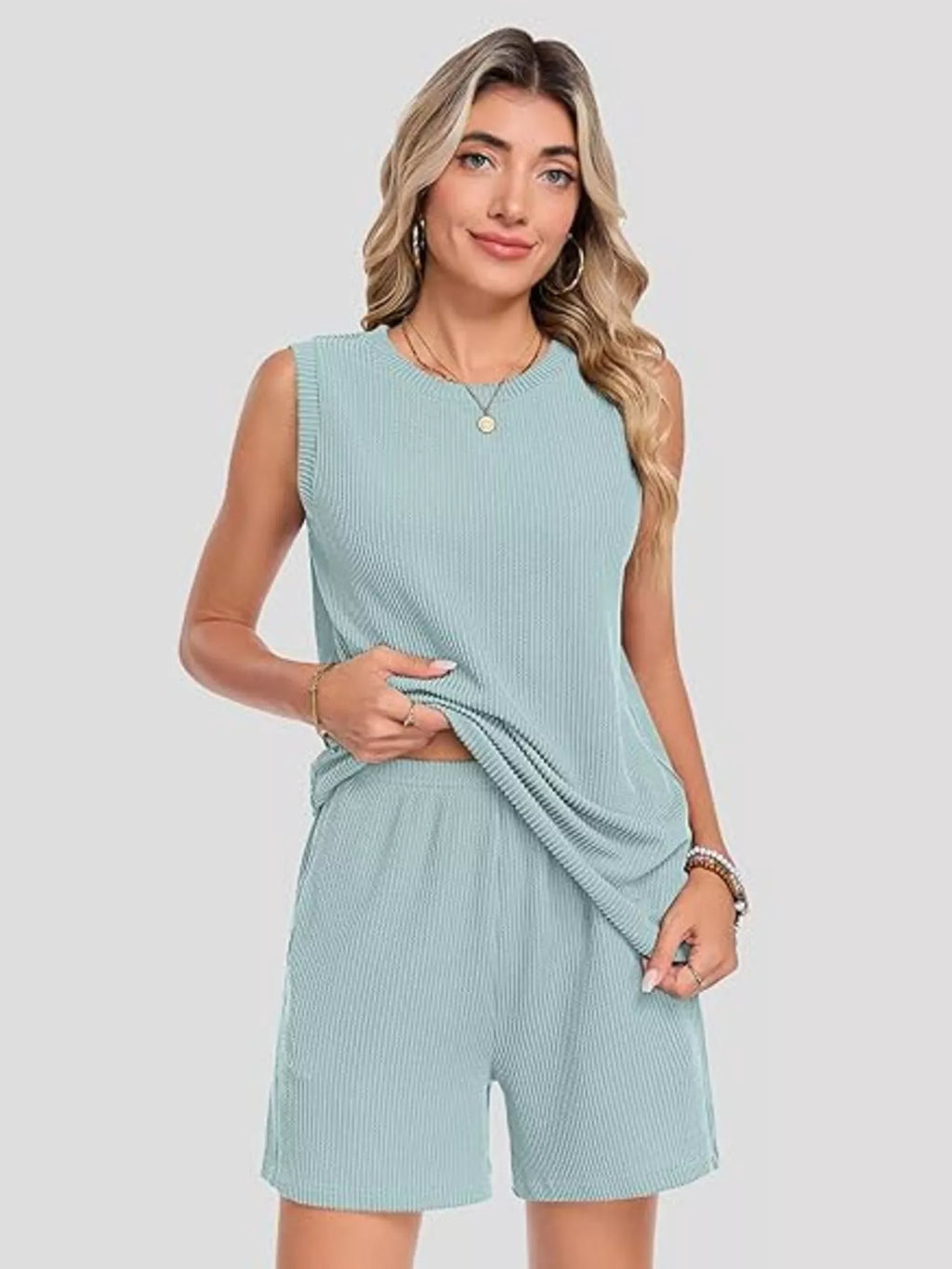 Casual Ribbed Knit Sleeveless Top and Shorts Set - Trendsi | Lola Mariee