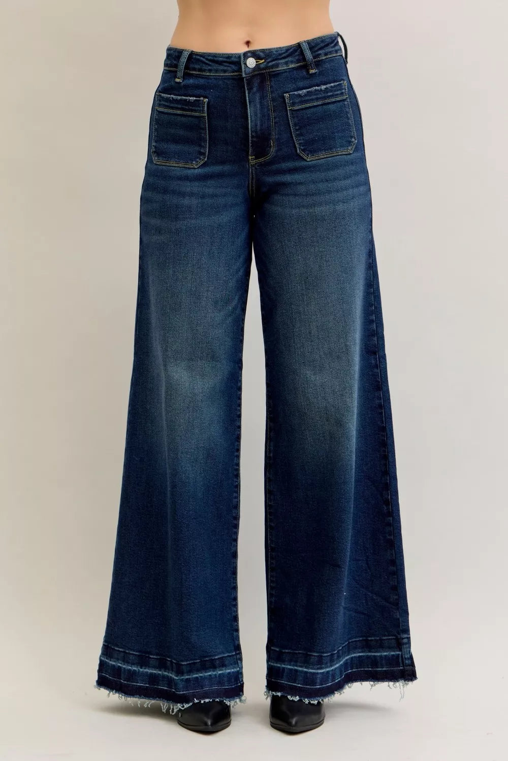 Judy Blue High Waist Palazzo Jeans with Front Patch Pockets - women's bottoms at Lola Mariee boutique