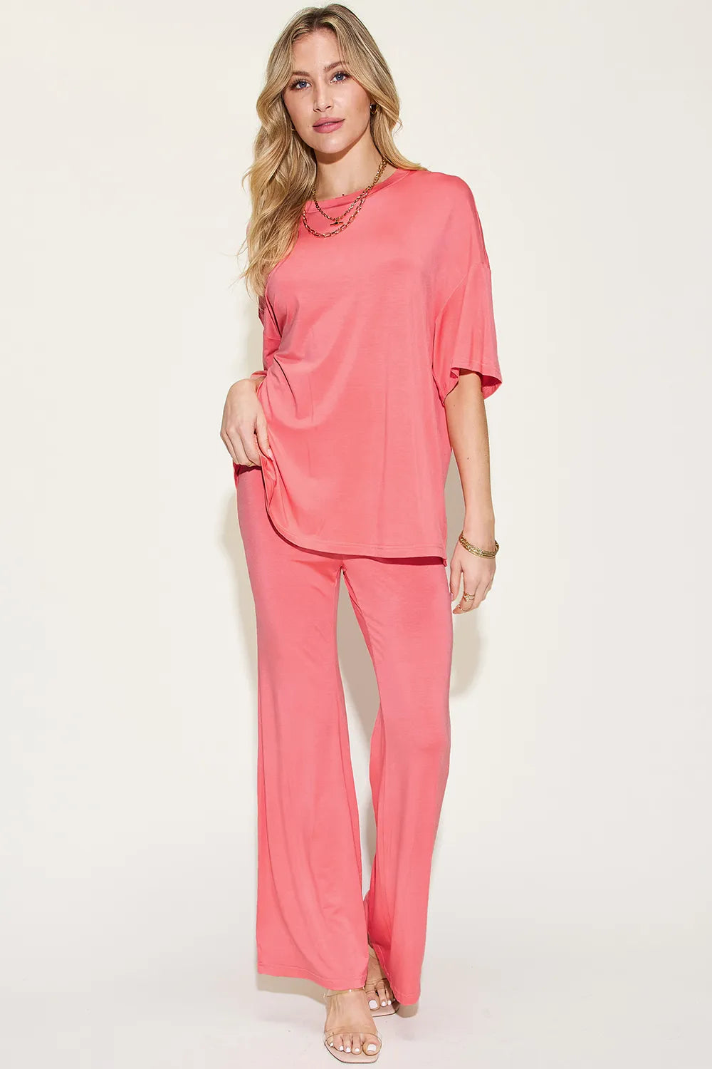 Basic Bae Full Size Bamboo Drop Shoulder T-Shirt and Flare Pants Set – view 10 | Lola Mariee