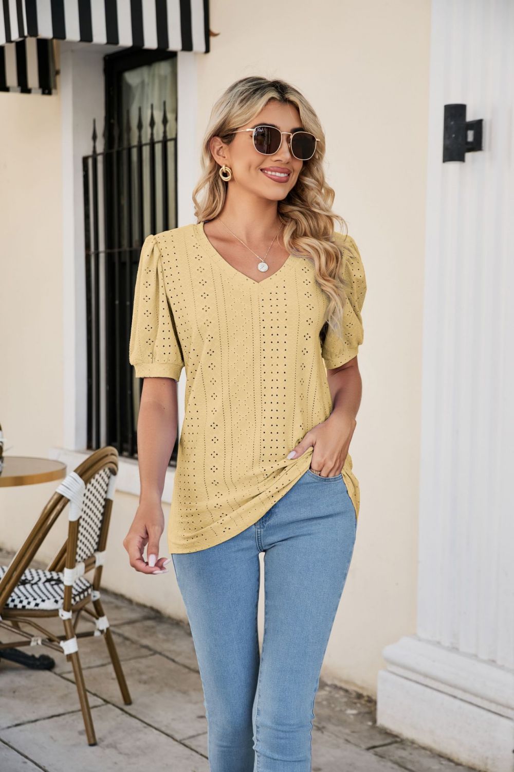 Eyelet Puff Sleeve V-Neck Top - Trendsi | Lola Mariee