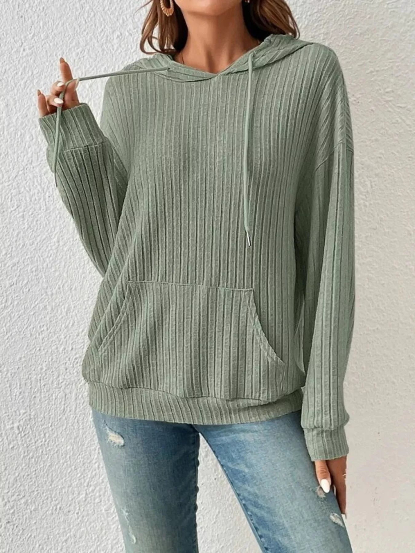 Casual Ribbed Knit Drawstring Hoodie - Trendsi | Lola Mariee