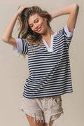 BiBi Contrast Striped Notched Knit Top - Trendsi | Lola Mariee