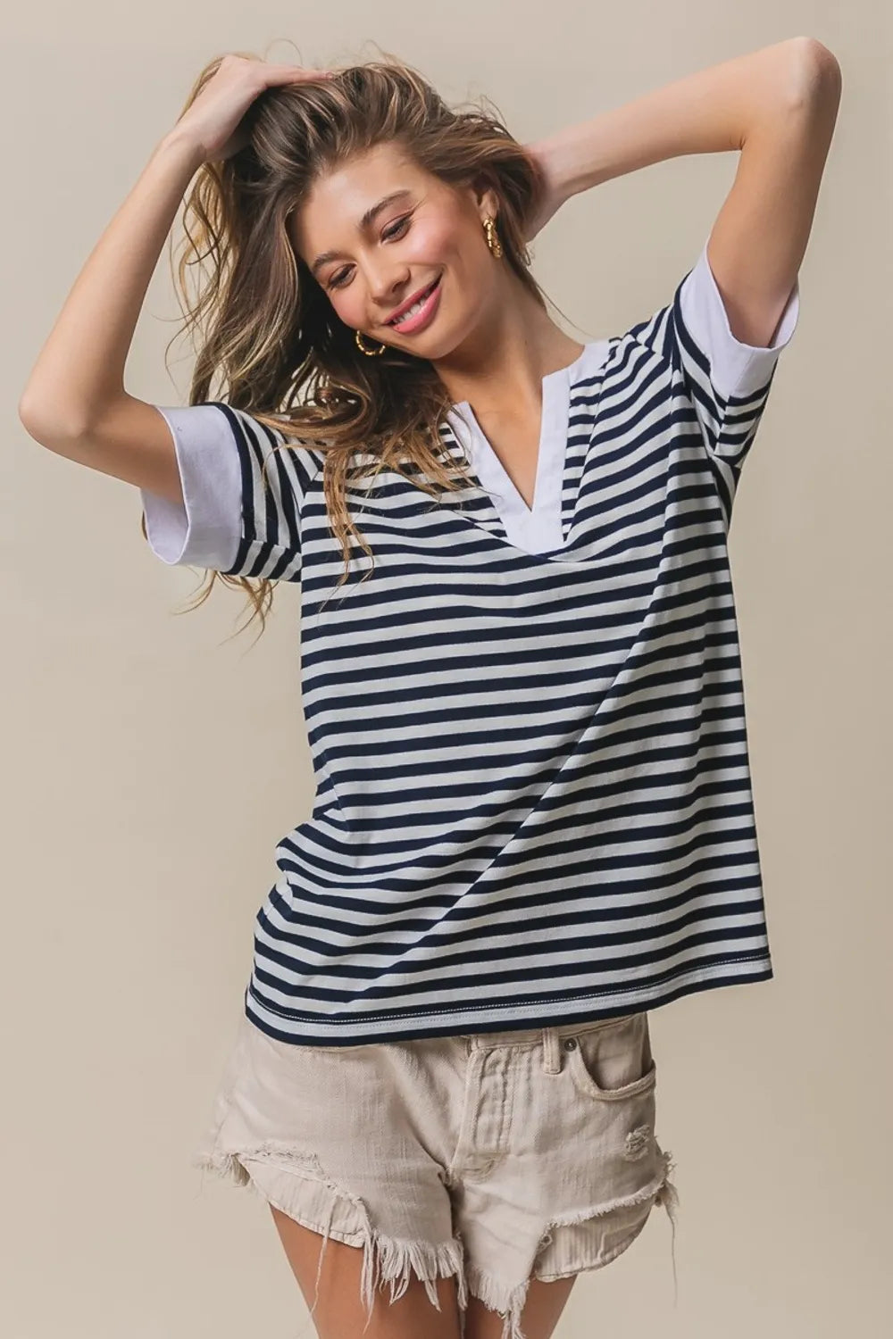 BiBi Contrast Striped Notched Knit Top - Trendsi | Lola Mariee