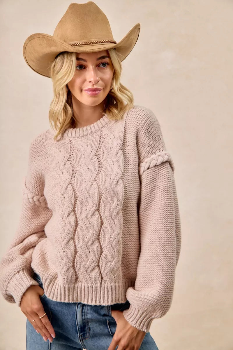 BiBi Cable Knit Sweater with Shoulder Braid Detail - Trendsi | Lola Mariee