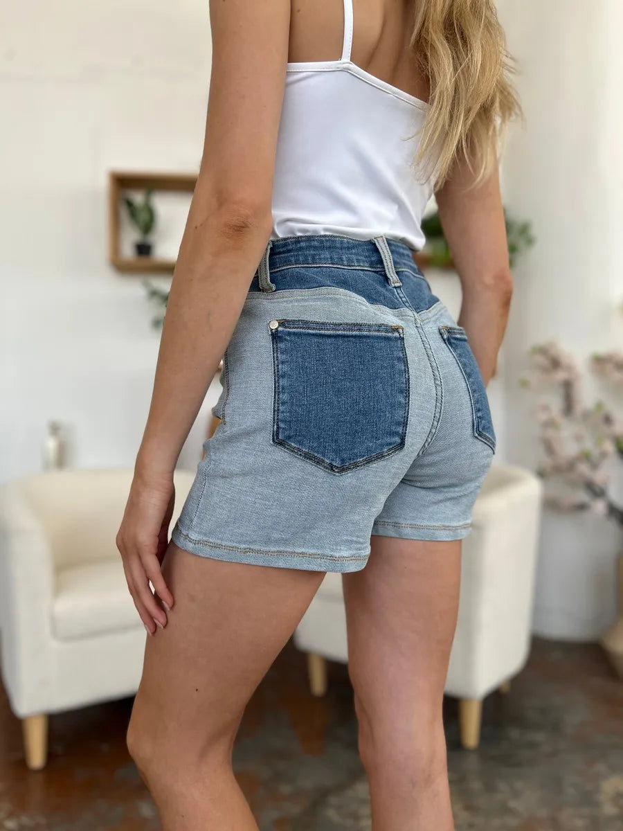 Judy Blue Full Size Color Block Denim Shorts - women's bottoms at Lola Mariee boutique