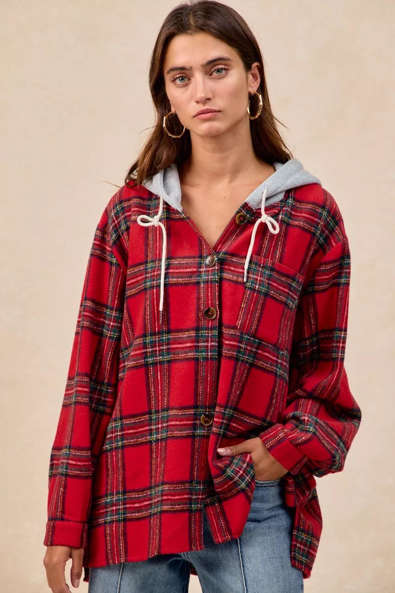 BiBi Brushed Plaid Hooded Jacket - Trendsi | Lola Mariee