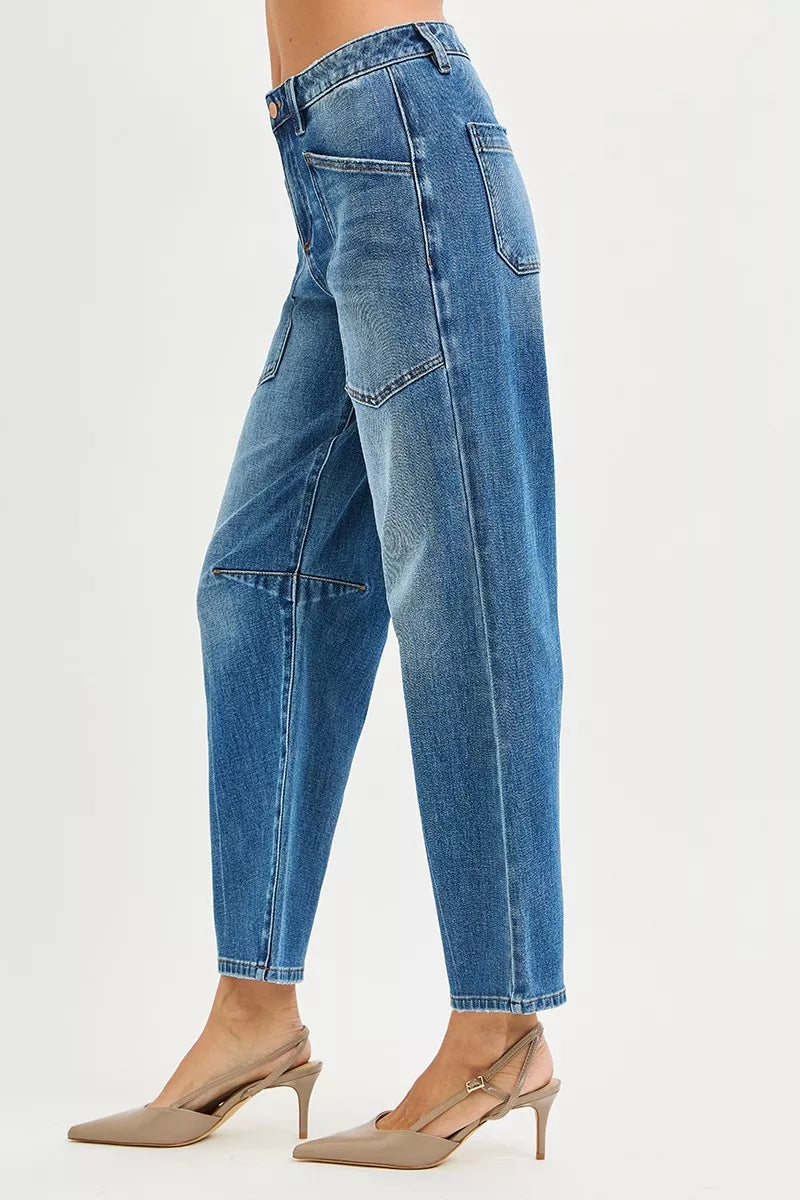 RISEN 4 Way Stretch Mid Rise Barrel Jeans with Patch Pocket Detail - LOLA MARIEE | Lola Mariee