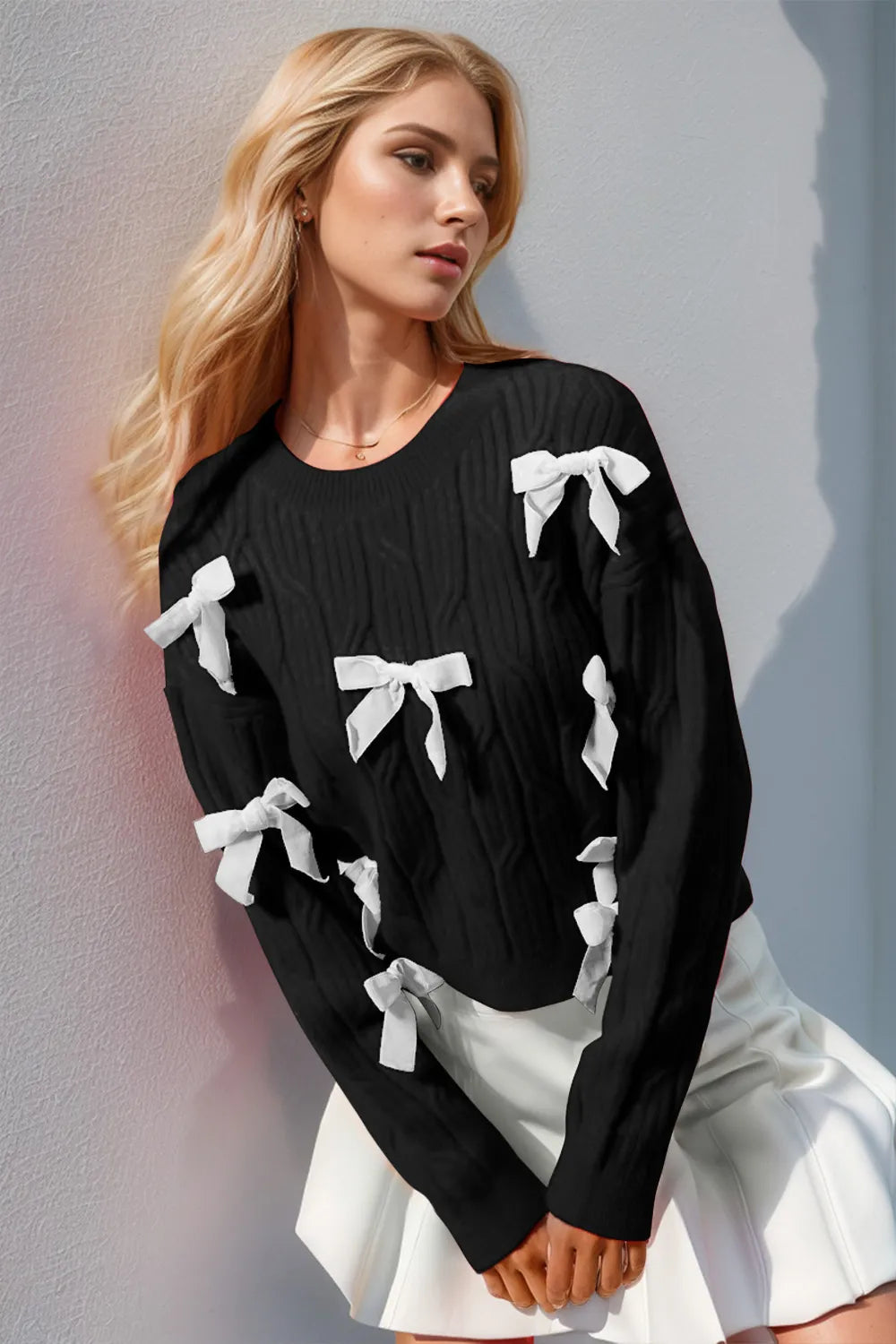 Double Take Full Size Bow Cable-Knit Round Neck Sweater – view 5 | Lola Mariee