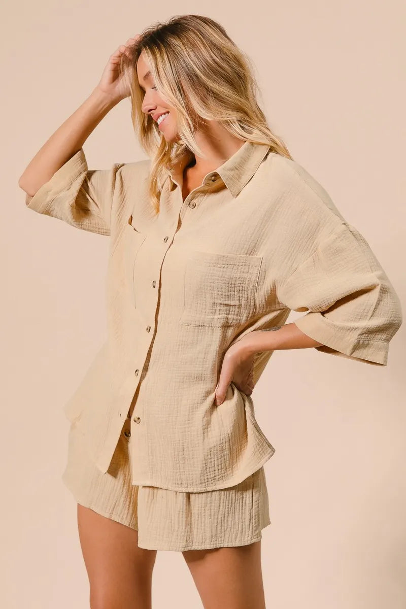 BiBi Crinkle Gauze Shirt and Short Set - Trendsi | Lola Mariee