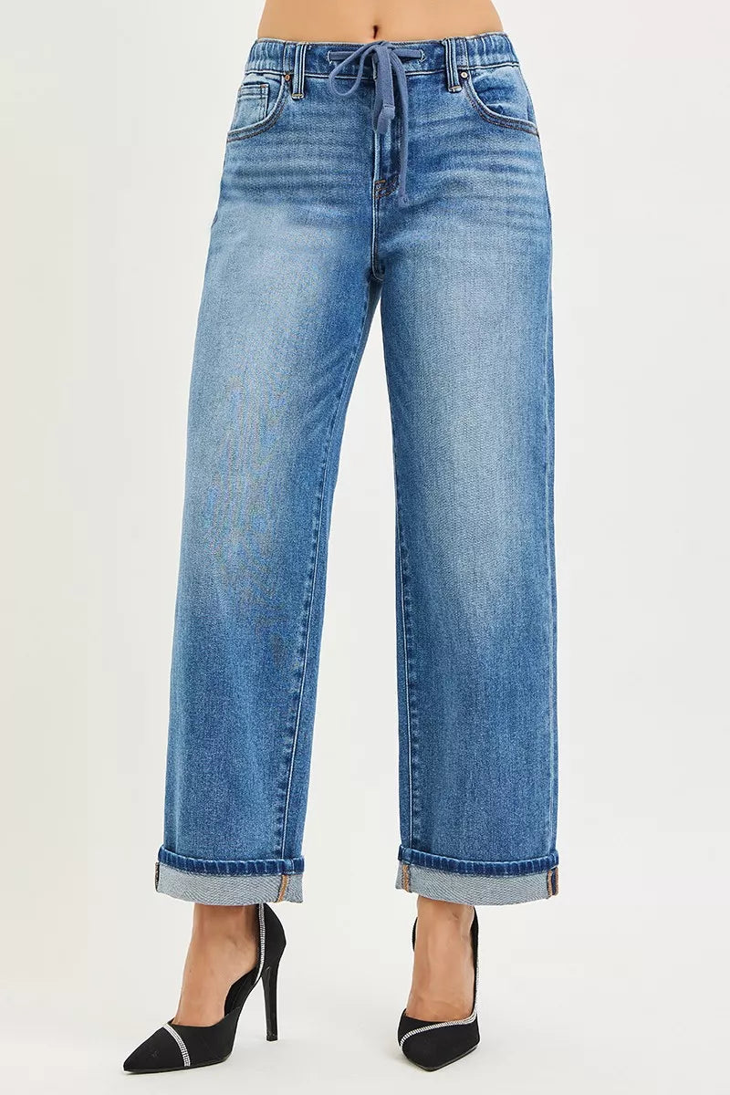 RISEN Elastic Band Slouch Ankle Boyfriend Cuffed Hem Jeans - LOLA MARIEE | Lola Mariee
