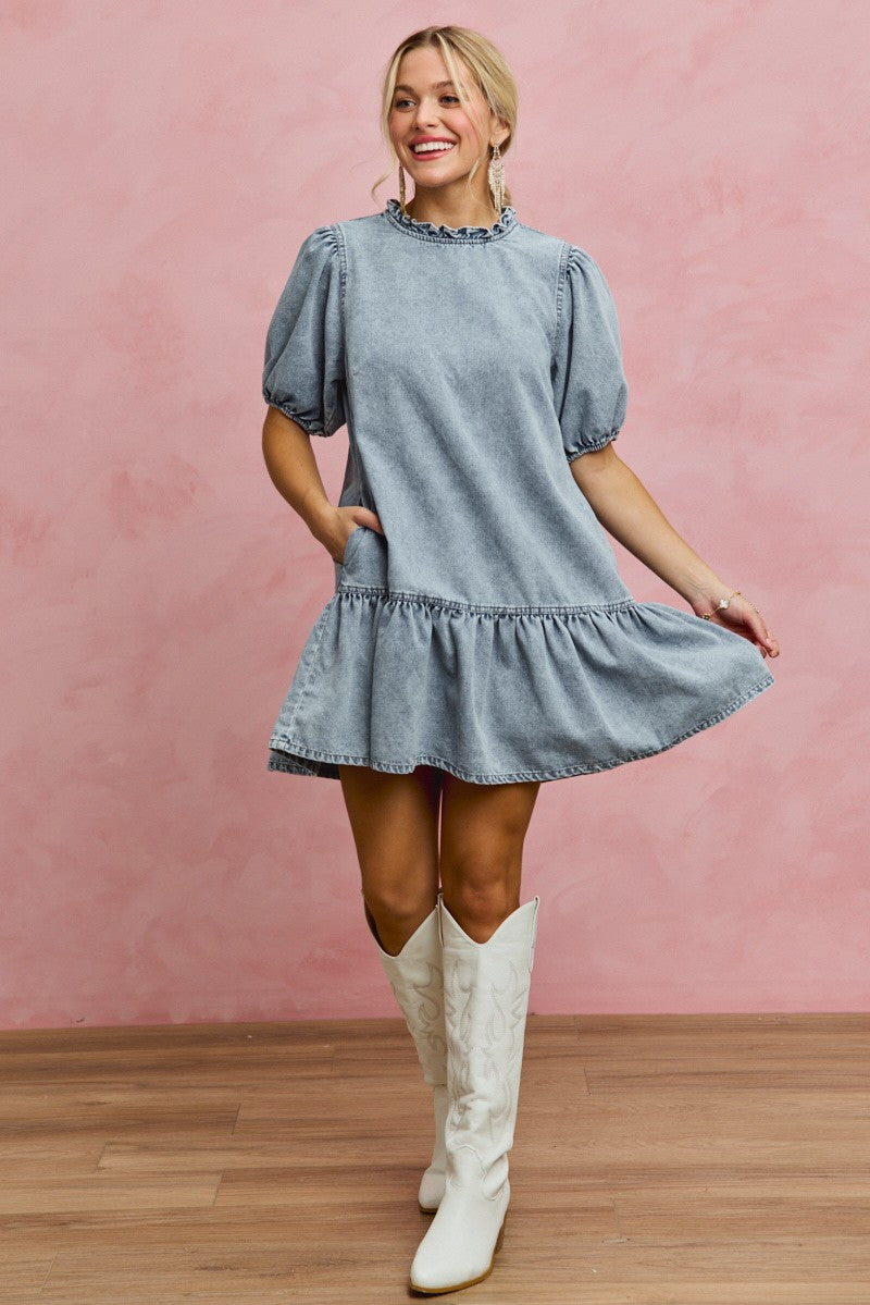 SO ME Denim Short Sleeves Mini Tiered Dress - Trendsi | Lola Mariee