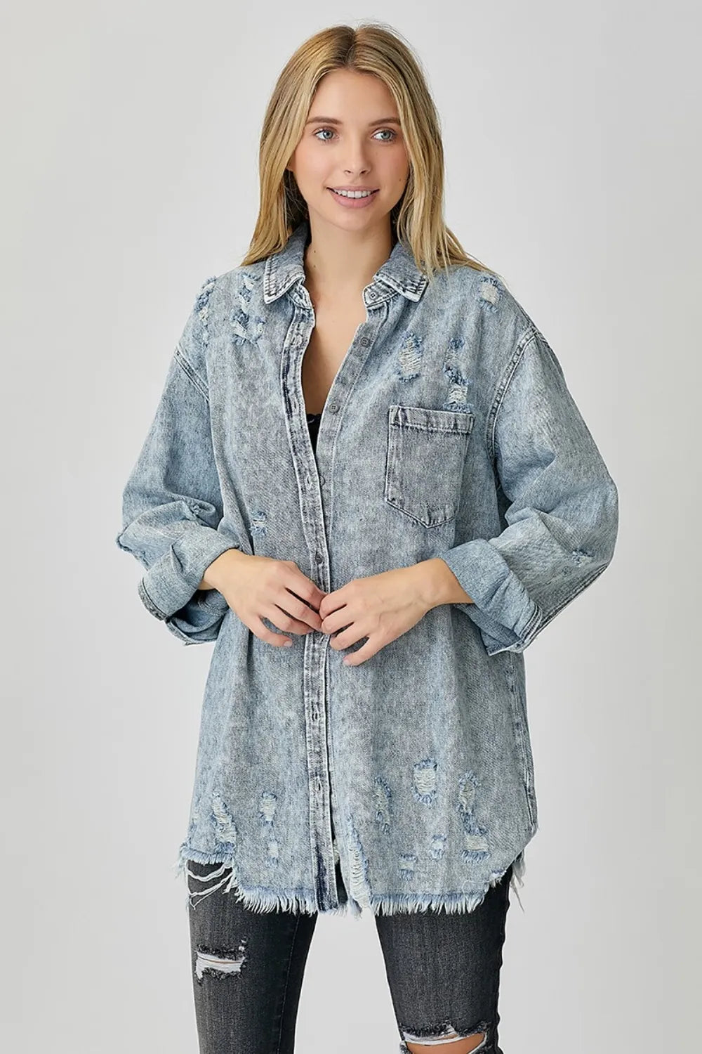 RISEN Distressed Raw Hem Denim Shirt - LOLA MARIEE | Lola Mariee