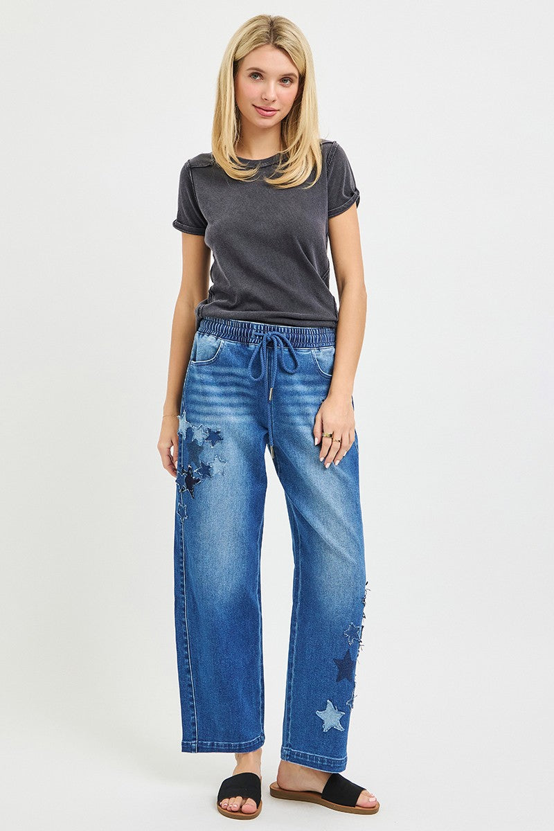 RISEN Elastic Band Slouchy Cropped Barrel with Star Patch - Trendsi | Lola Mariee