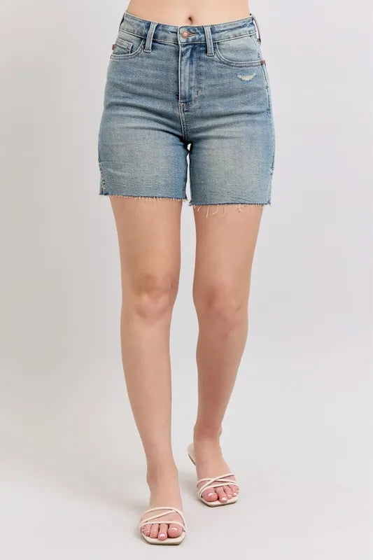 Judy Blue Full Size High Waist Vintage Wash Side Slit Denim Shorts Plus Size | Lola Mariee