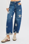RISEN Mid Rise Ankle Length Relaxed Barrel Star Printed Jeans - women's bottoms at Lola Mariee boutique