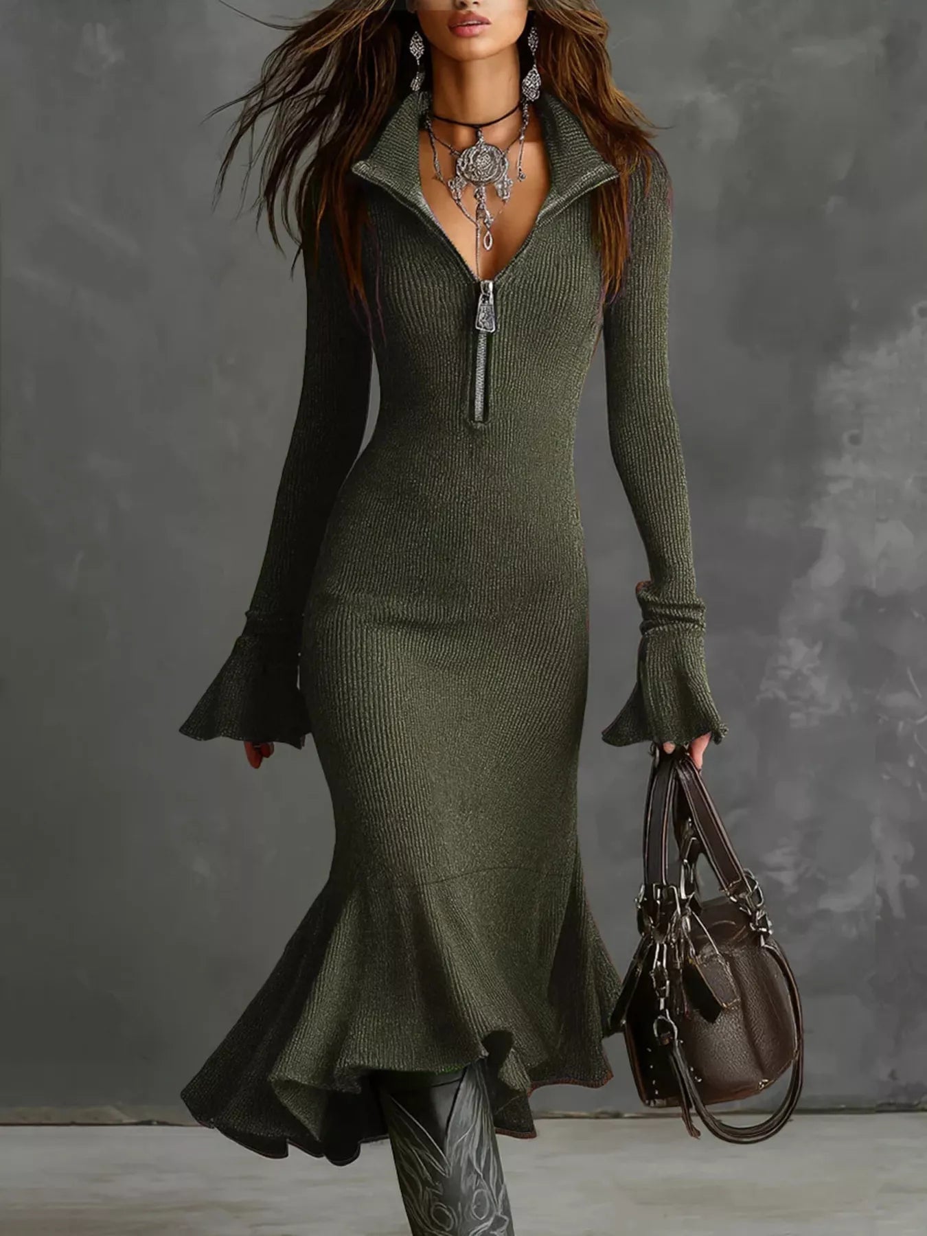 Ribbed Knit Zip Front Flare Hem Midi Dress – view 10 | Lola Mariee