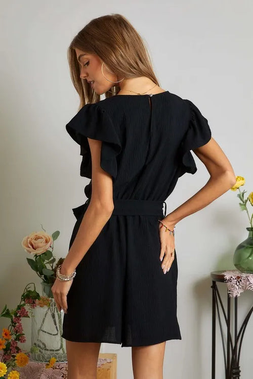ADORA Ruffle Sleeves Romper with Pockets – view 2 | Lola Mariee