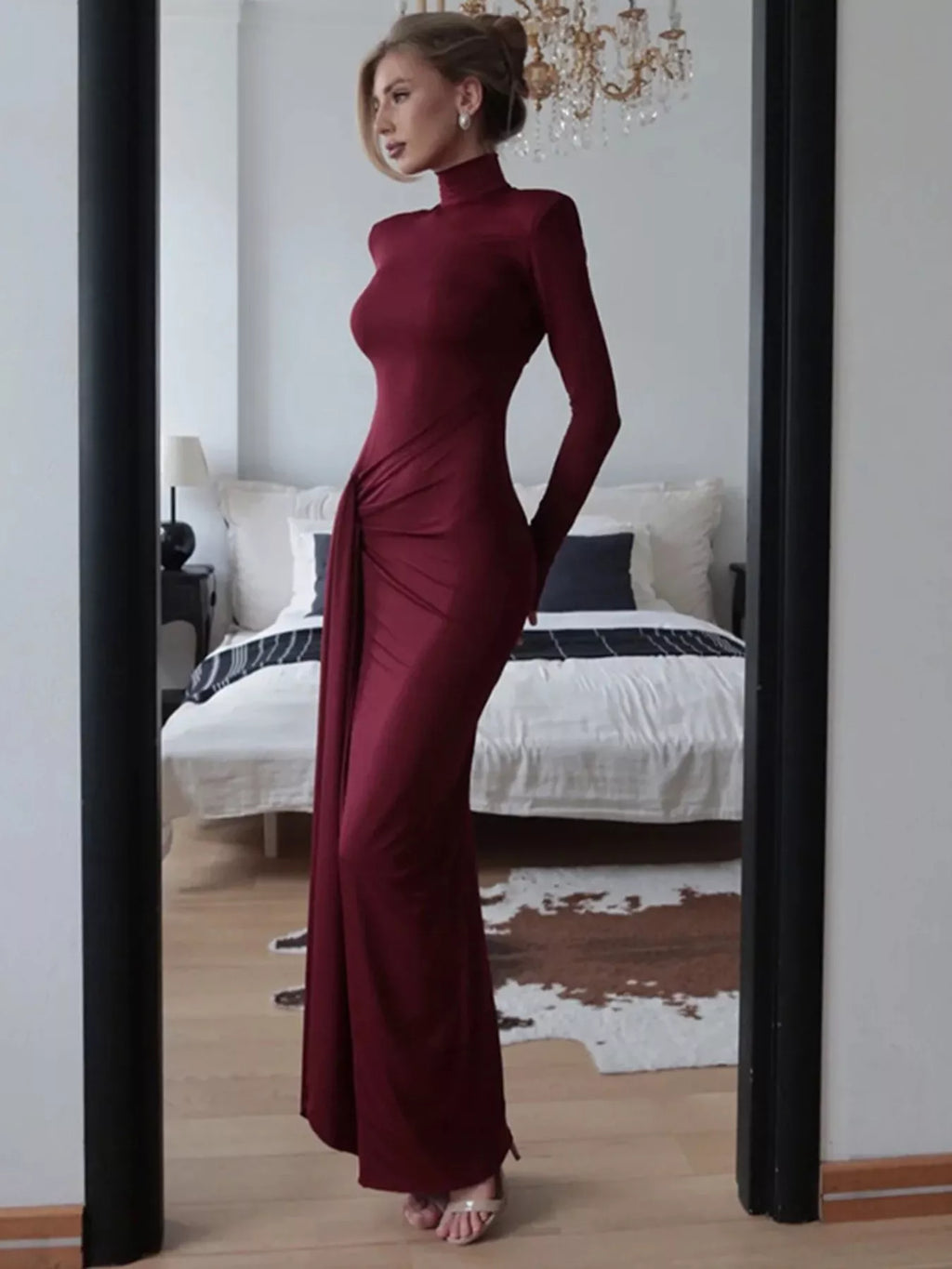 Turtleneck Long Sleeve Tie Waist Maxi Dress - Trendsi | Lola Mariee