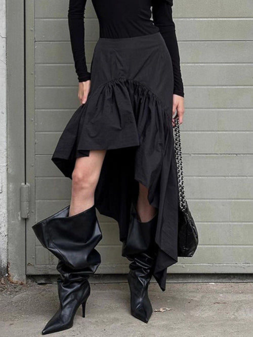 Asymmetrical Ruffle Hem Midi Skirt | Lola Mariee