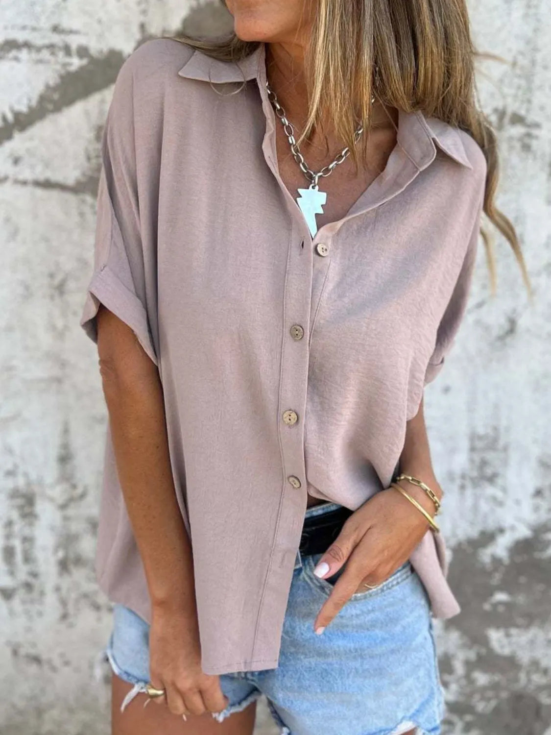 Full Size Collared Neck Half Sleeve Shirt Plus Size – view 4 | Lola Mariee