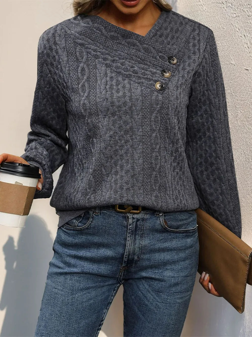 Perfee Decorative Button Long Sleeve Sweatshirt - Trendsi | Lola Mariee