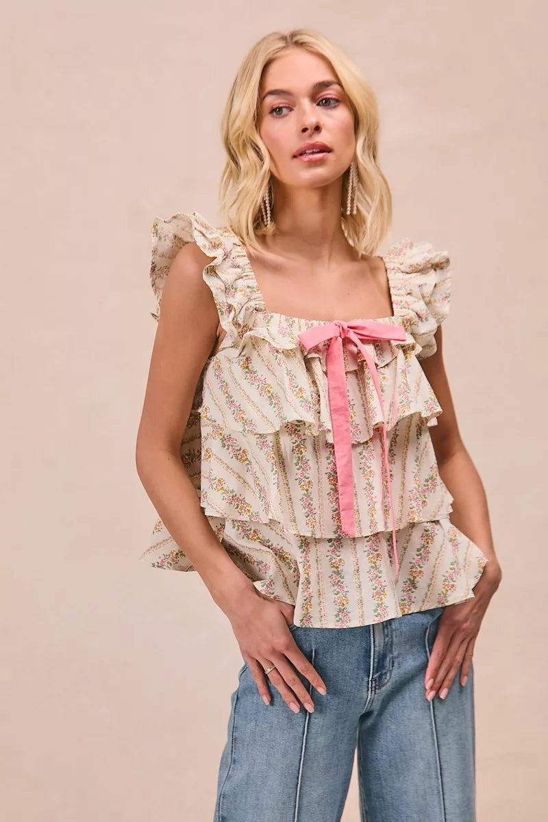 BiBi Floral Printed Woven Front Bow Tied Ruffled Square Neck Sleeveless Top - Trendsi | Lola Mariee