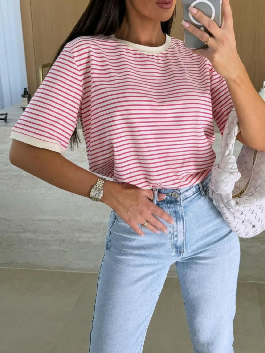 Striped Round Neck Short Sleeve T-Shirt – view 4 | Lola Mariee