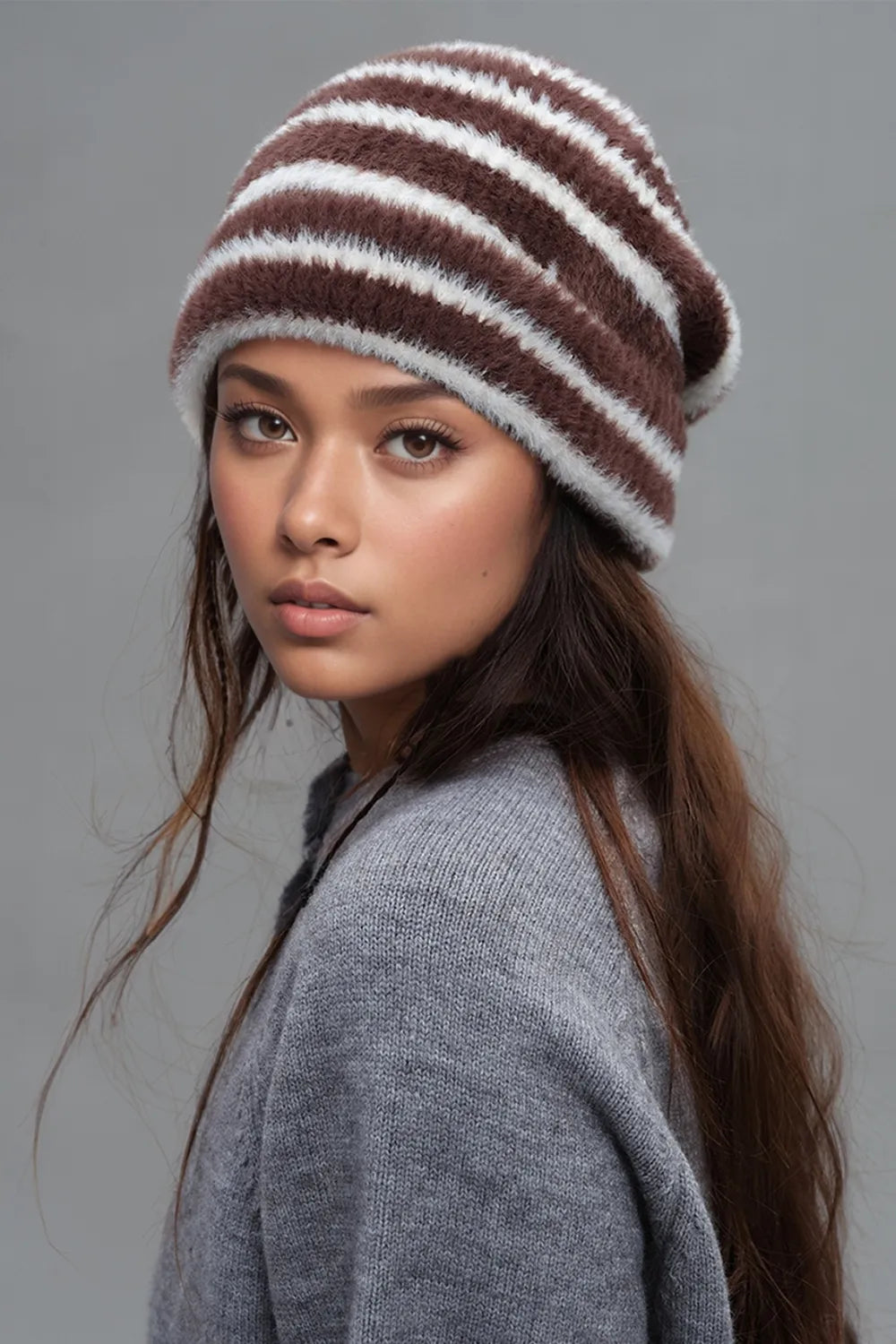 Fuzzy Contrast Striped Thermal Hat – view 3 | Lola Mariee