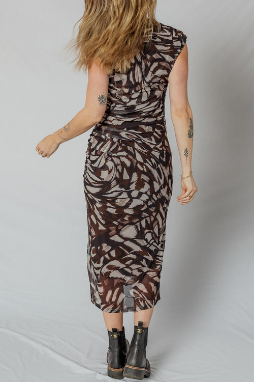 Abstract Print Ruched Midi Dress with Slit – view 2 | Lola Mariee