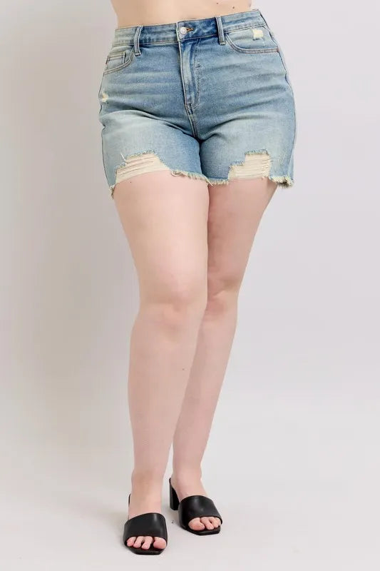 Judy Blue Plus Size High Rise Washed Fly Stitch Detail and Destroy Denim Shorts - women's bottoms at Lola Mariee boutique