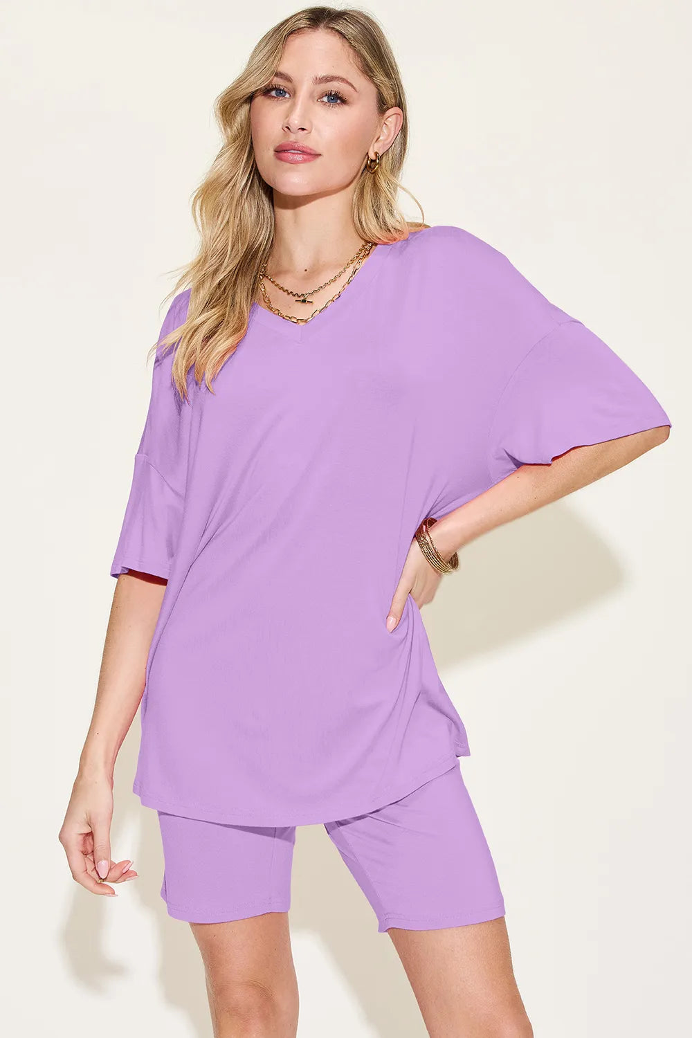 Basic Bae Bamboo Full Size V-Neck Drop Shoulder T-Shirt and Shorts Set – view 6 | Lola Mariee