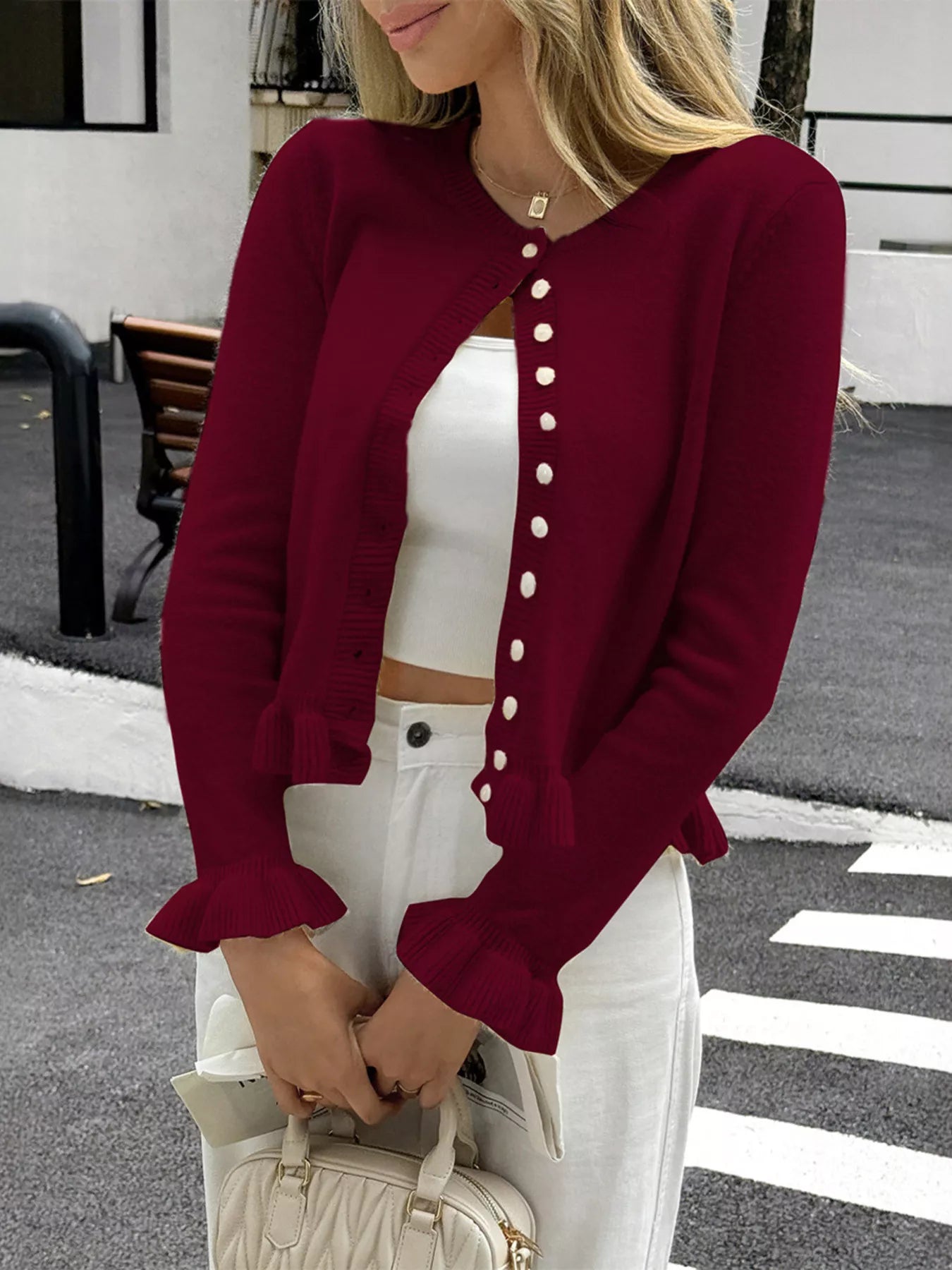 Ruffled Trim Button-Up Knit Cardigan – view 8 | Lola Mariee