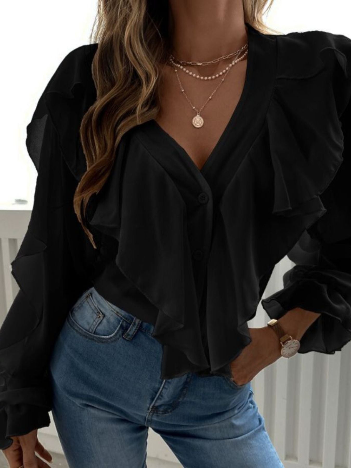 Full Size Ruffle Trim V-Neck Shirt Plus Size – view 4 | Lola Mariee