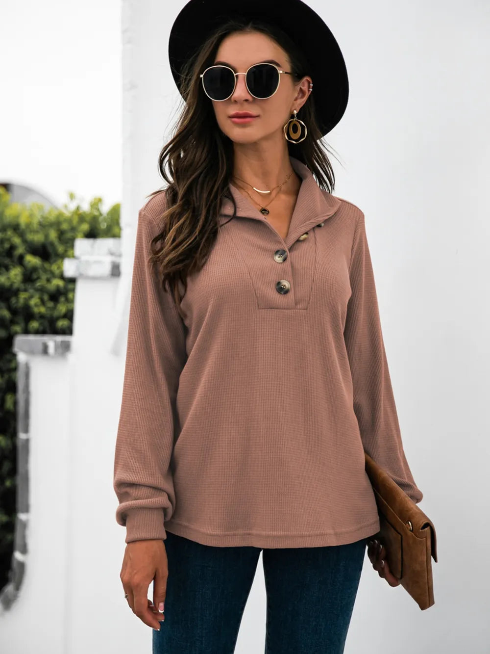 Half Button Long Sleeve T-Shirt - Trendsi | Lola Mariee