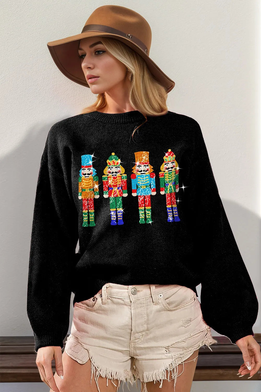 Double Take Full Size Sequin Nutcracker Long Sleeve Sweater – view 4 | Lola Mariee