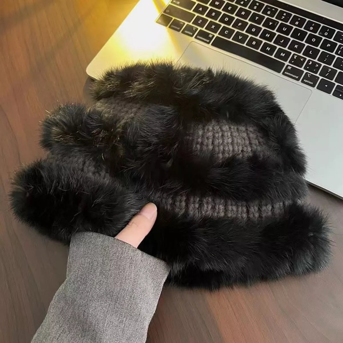 Fluffy Faux Fur Trim Knit Bucket Hat – view 5 | Lola Mariee