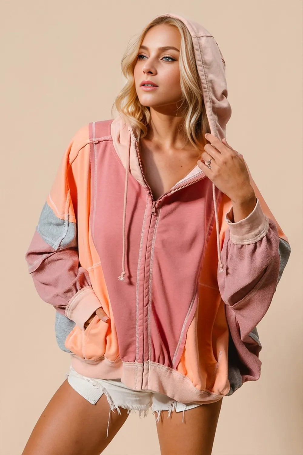 Double Take Full Size Color Block Zip Up Hoodie – view 4 | Lola Mariee