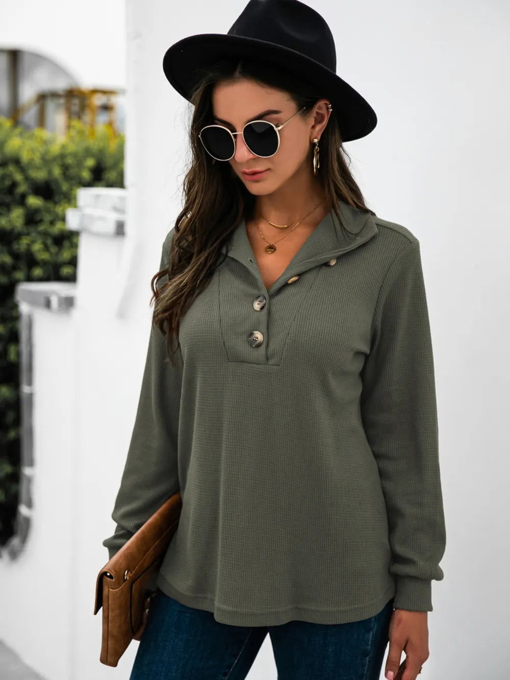 Half Button Long Sleeve T-Shirt - Trendsi | Lola Mariee