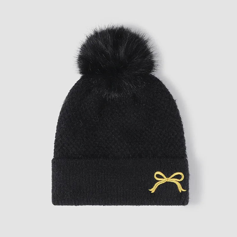 Thermal Bow Knit Hat with Pompom – view 2 | Lola Mariee