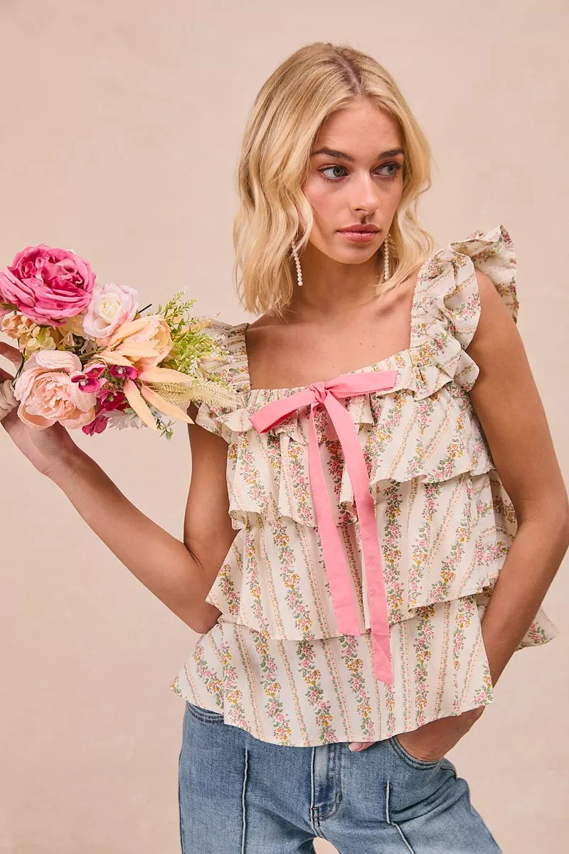 BiBi Floral Printed Woven Front Bow Tied Ruffled Square Neck Sleeveless Top - Trendsi | Lola Mariee