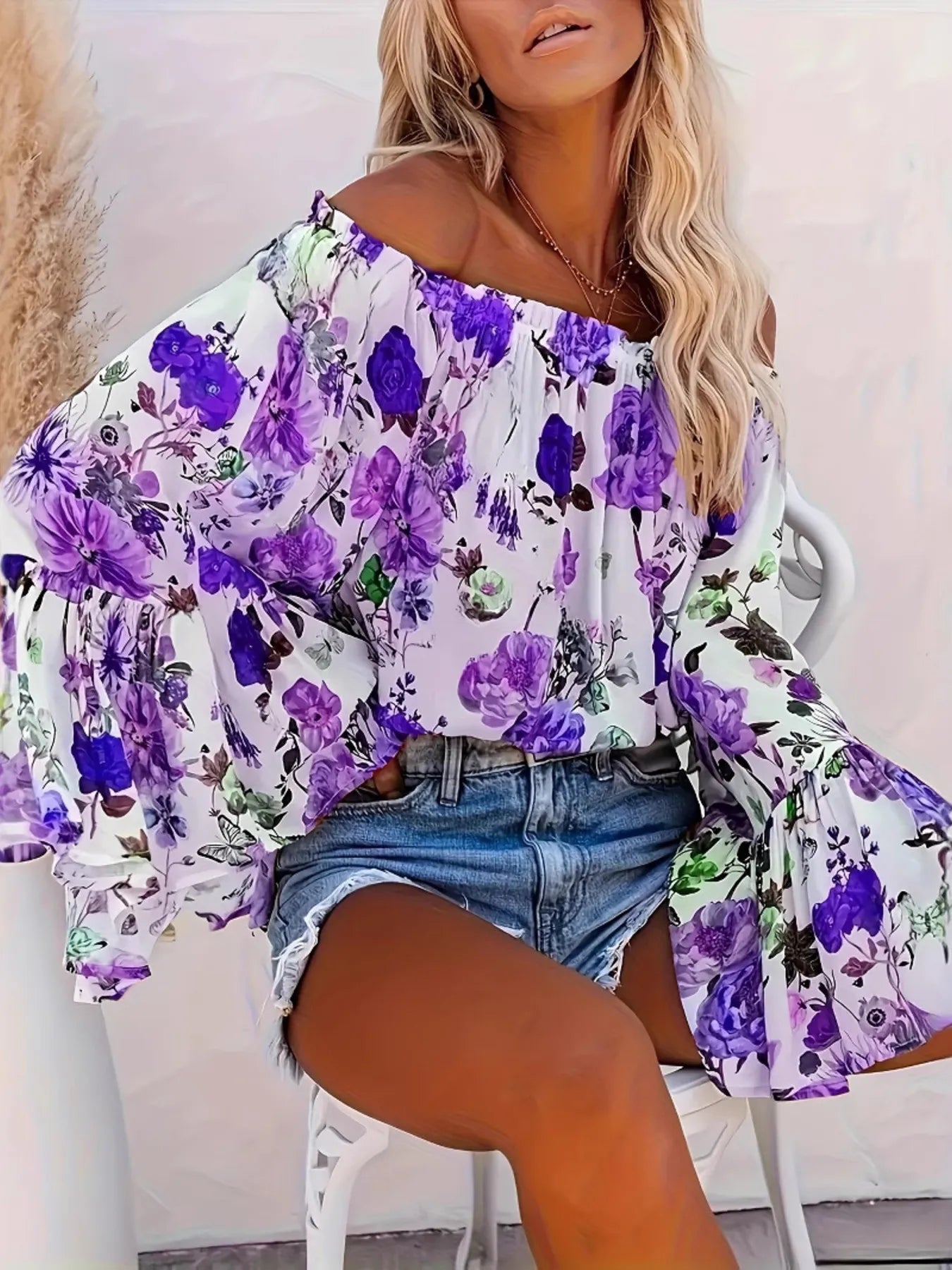 Full Size Floral Off-Shoulder Bell Sleeve Blouse Plus Size | Lola Mariee