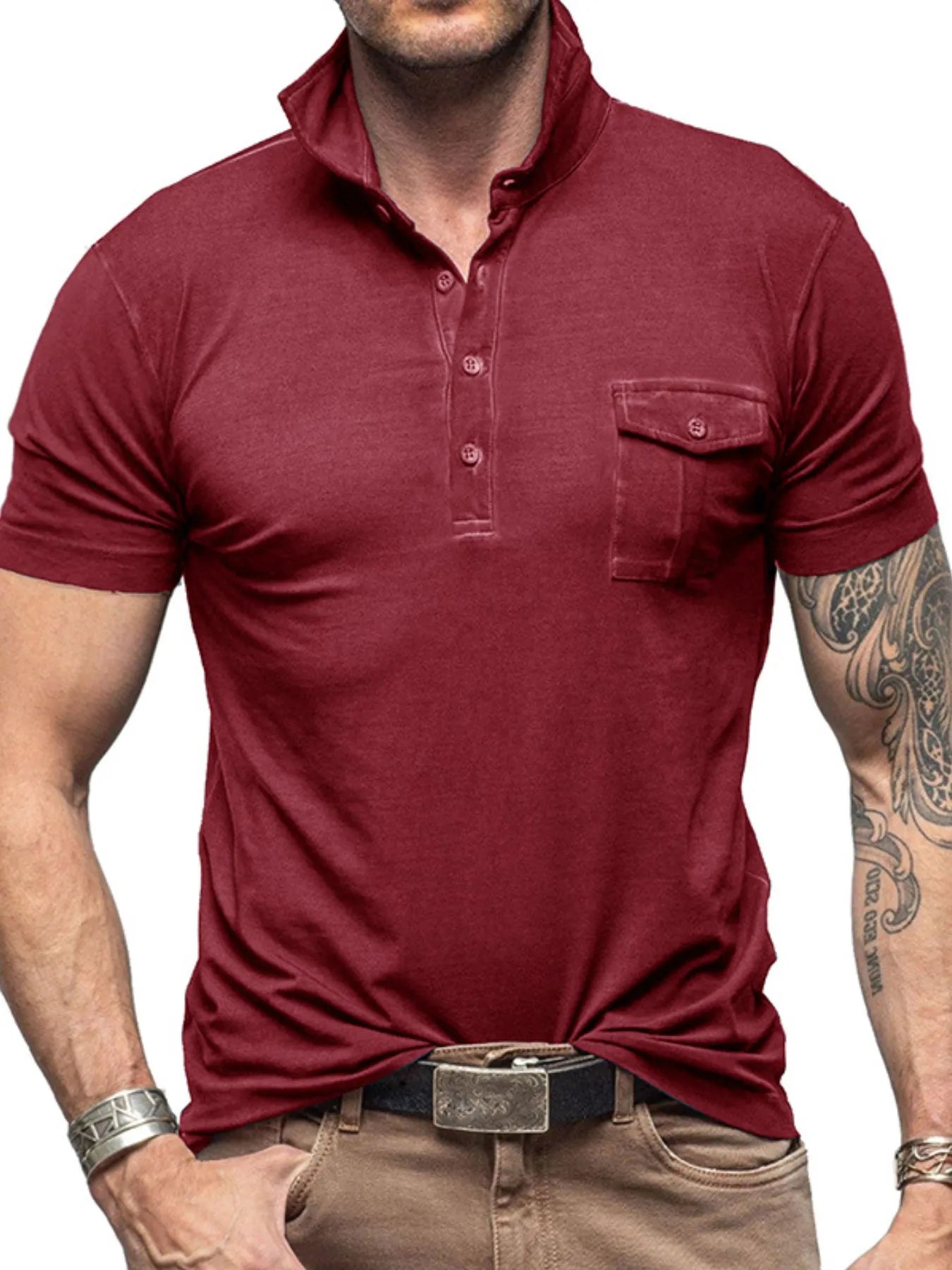 Men's Classic Pocket Polo Shirt with Stand Collar – view 8 | Lola Mariee