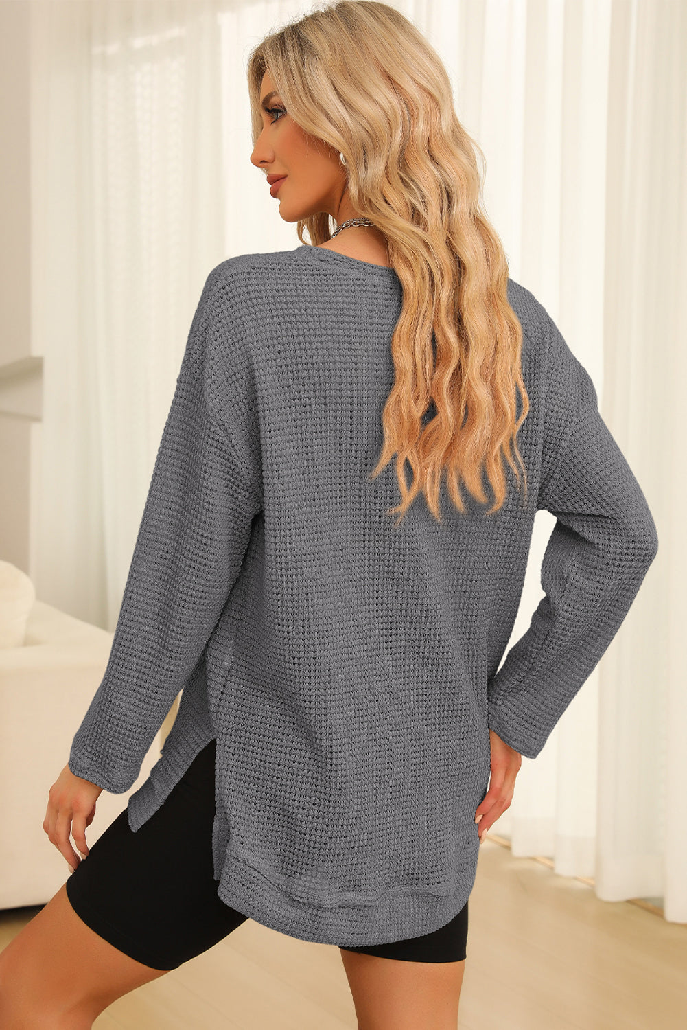 Waffle-Knit Round Neck Long Sleeve Sweatshirt - Trendsi | Lola Mariee